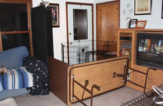 A living room with a couch, tv, and a folded portable bed; a pet crate is visible behind a divider.