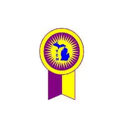 A logo featuring a purple and yellow rosette with a central circular emblem displaying an outline of africa in blue on a yellow and purple background.