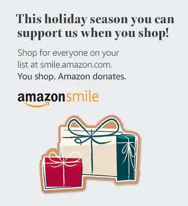 Promotional graphic for amazon smile: text encouraging holiday shopping through smile.amazon.com with an illustration of three colorful gift boxes, logo at the bottom.