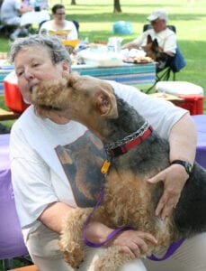 An elderly woman sitting at a picnic, smiling as a large brown dog affectionately licks her face.