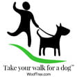 Logo featuring a silhouette of a person joyfully walking a dog on a leash above a green curve, with the text "take your walk for a dog" and "wooftrax.com" below.
