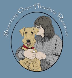 Logo of starting over airedale rescue featuring a woman embracing an airedale terrier, both inside a circular border with the organization's name at the top.