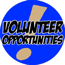 Blue circular logo with the words "volunteer opportunities" in bold white text, accompanied by a stylized brown pencil with an eraser.