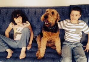 A girl and a boy sitting on a blue couch with a large, happy brown dog in between them.