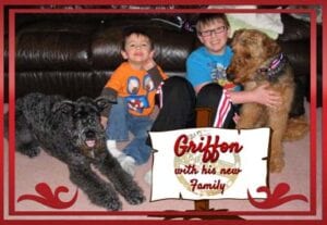 Two children and two dogs sitting on a carpet in front of a couch, with a sign saying "griffen with his new family.