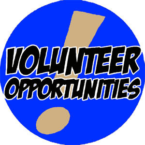 Blue circular logo with a large exclamation mark, featuring the text "volunteer opportunities" in bold white letters.