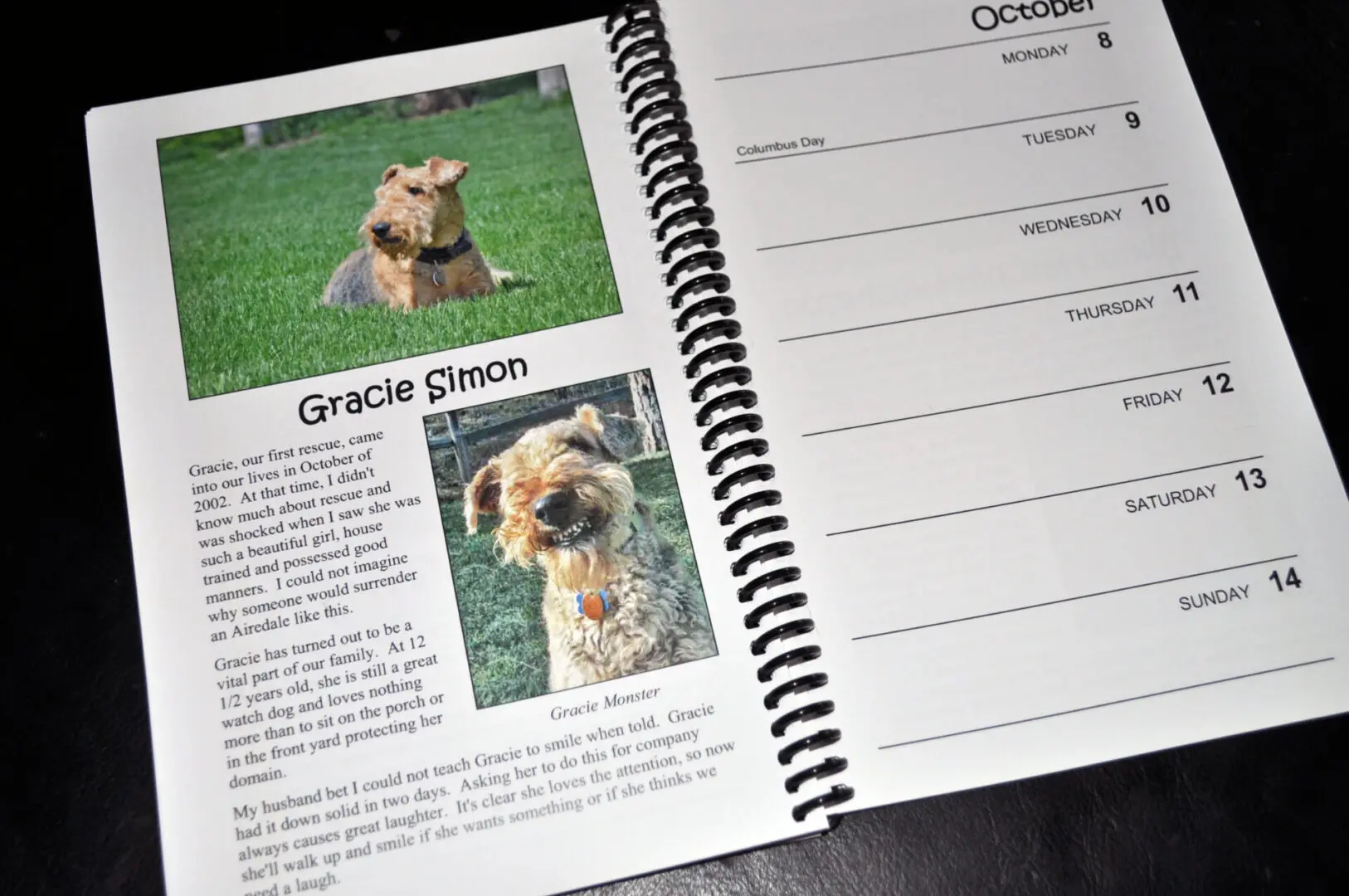 Open planner displaying photos and descriptions of a dog named gracie on a weekly layout.